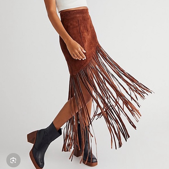 Understated Leather Dresses & Skirts - Understated Leather x Free people Fringe Brown Suede Skirt NWT